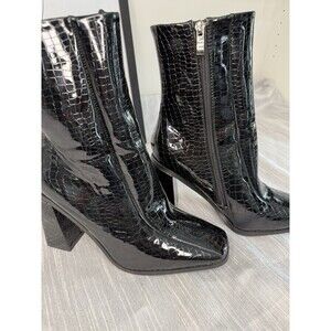 Nasty Gal Faux Leather Black Patent Croc Flared Heeled Ankle Boots size 6 womens